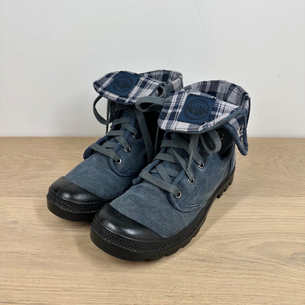 Palladium Baggy Boots Womens 8 Blue Canvas Plaid Cuff Lace Up Combat Lug Sole